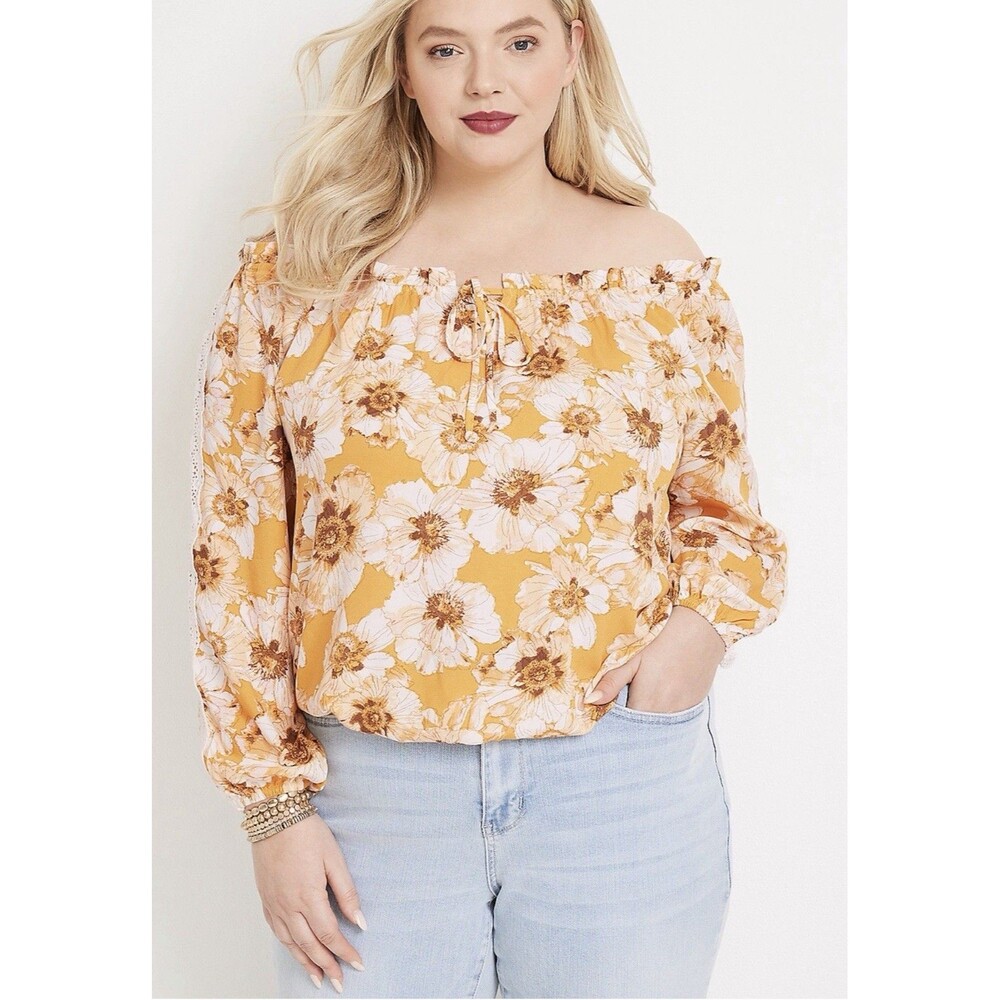 Maurices Plus Size 0X Floral Daisy Top Off Shoulder Crochet Trim Long Sleeve